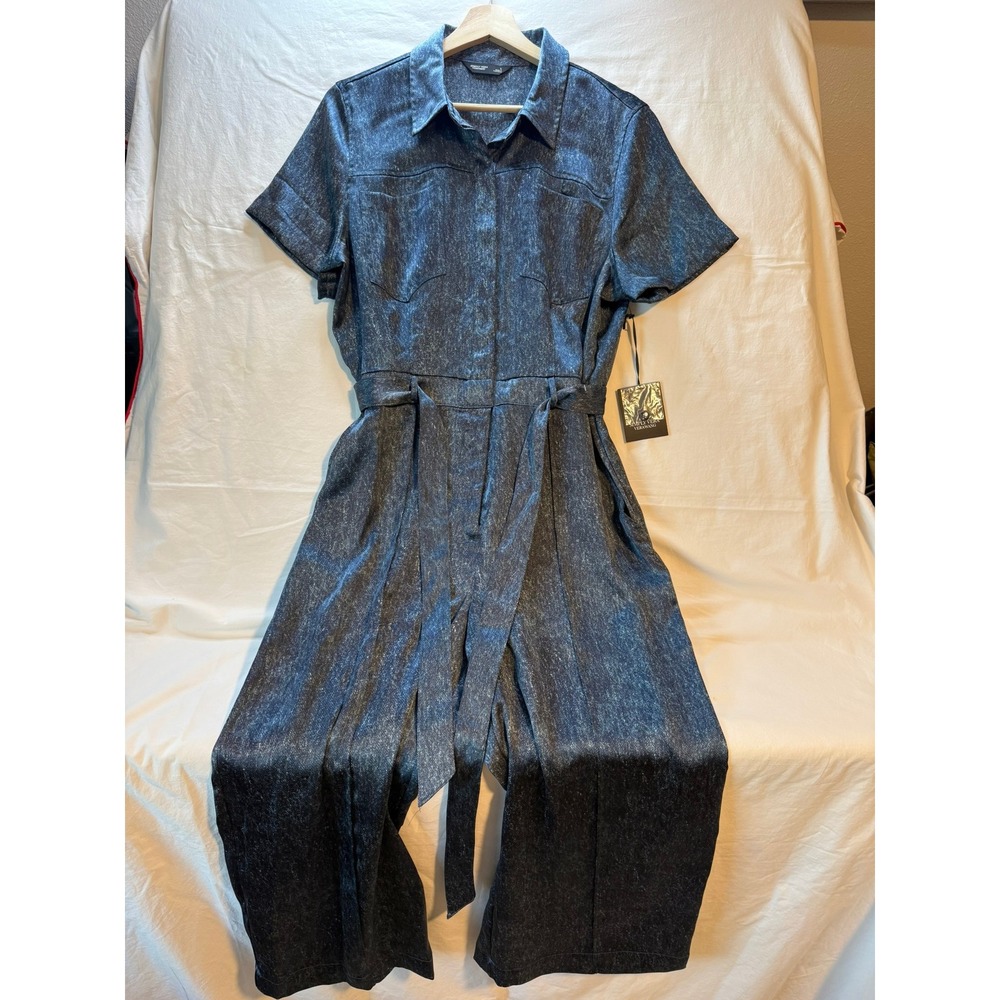 Jumpsuit Wide Leg Belted Short Sleeve Denim Look Silky Women's Large VERA WANG